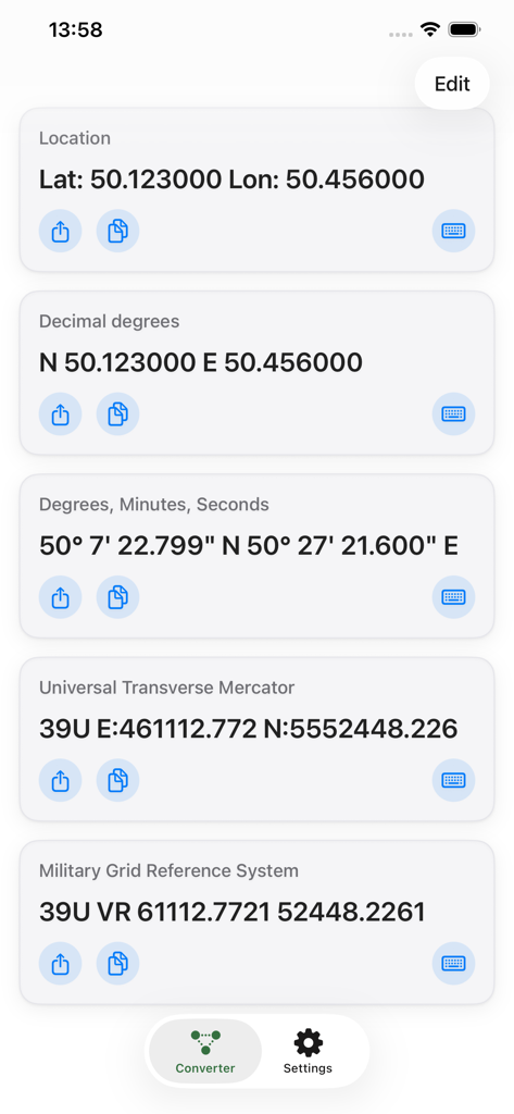 Geo Changer app screen showing simultaneous coordinate conversions for Location, Decimal Degrees, DMS, UTM, and MGRS formats.