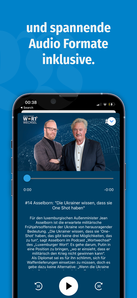 Wort.lu - L'interface de l'application mobile Wort.lu affichant un lecteur audio proposant un épisode de podcast sur l'actualité politique luxembourgeoise.