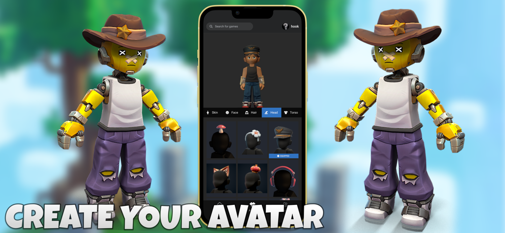 Una interfaz móvil para crear y personalizar un avatar de robot 3D con un sombrero de vaquero y atuendos únicos en Airship BedWars 2.