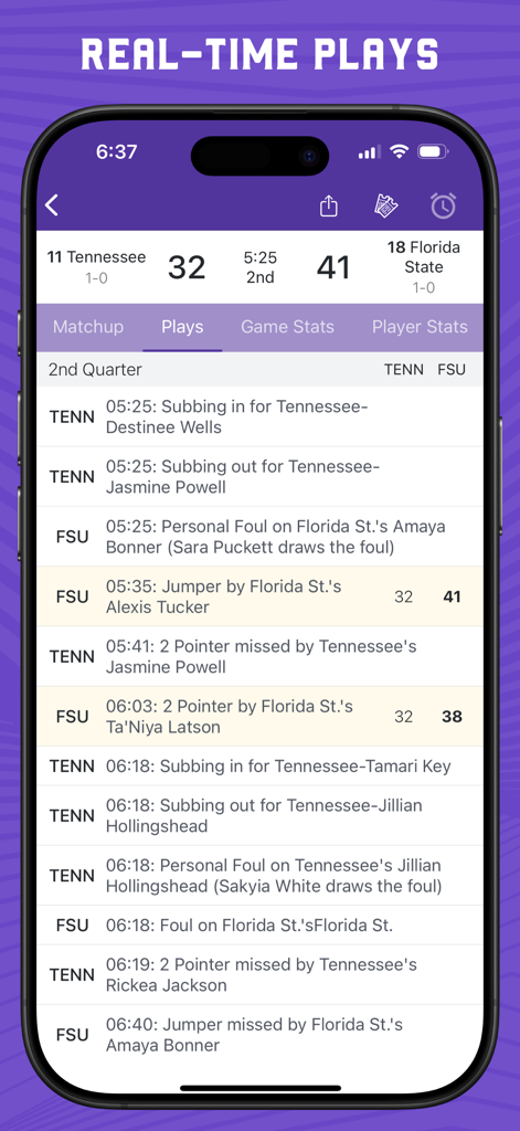 Superfan: Womens College Hoops - Mobile app screen displaying live play-by-play updates for a women's college basketball game between Tennessee and Florida State