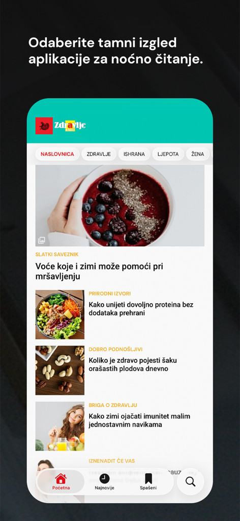 Avaz - Interface de l'application d'actualités Avaz présentant des articles sur la santé et la nutrition en langue bosniaque.