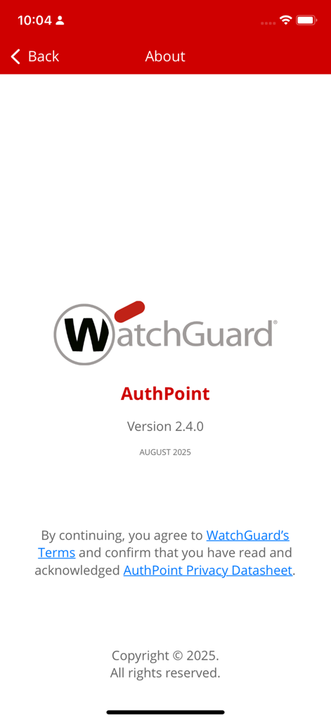 The About screen of the WatchGuard AuthPoint mobile app displaying the version number, copyright date, and links to terms and privacy policies.