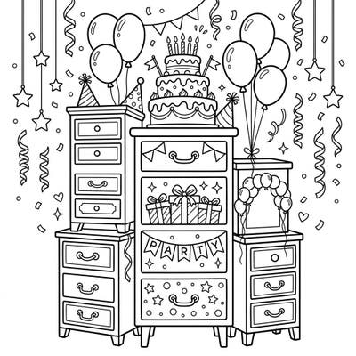 Unleash your creativity with this unique coloring page, where ordinary chests of drawers transform into a vibrant birthday celebration! Adorned with festive cakes, balloons, and gifts, this scene is bursting with party spirit, ready for your artistic touch.