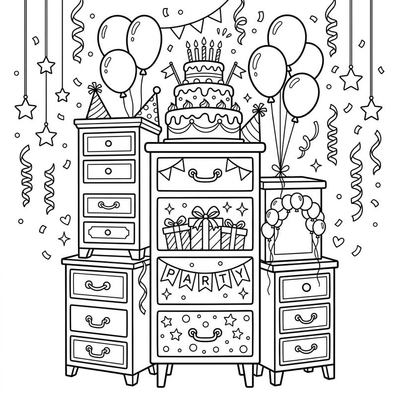Unleash your creativity with this unique coloring page, where ordinary chests of drawers transform into a vibrant birthday celebration! Adorned with festive cakes, balloons, and gifts, this scene is bursting with party spirit, ready for your artistic touch.