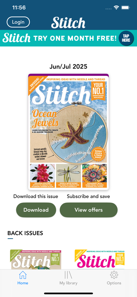 Stitch Magazine. - Home screen of the Stitch Magazine app featuring the June July 2025 issue cover with a starfish embroidery project