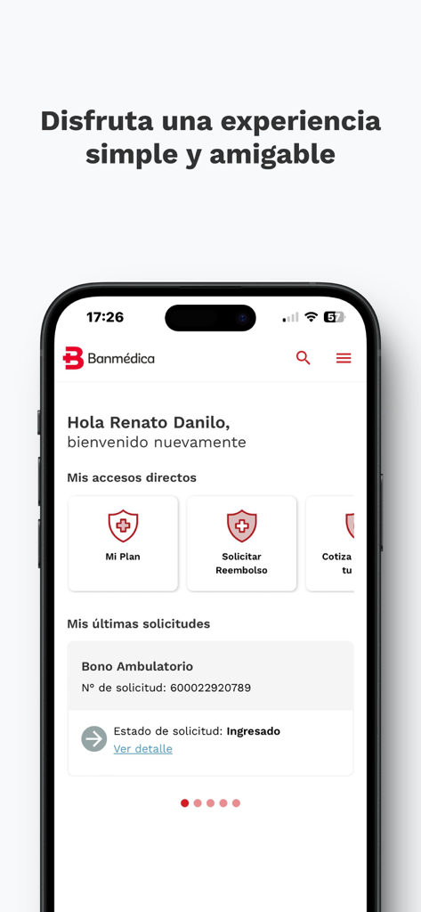 Banmédica - Banmedica mobile app interface showing user dashboard with health insurance services and recent requests