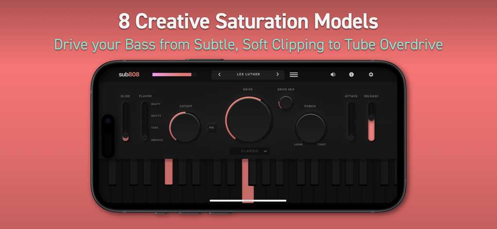 Sub808 App Oberfläche auf einem Smartphone, die Sättigungs- und Bass-Regler zeigt