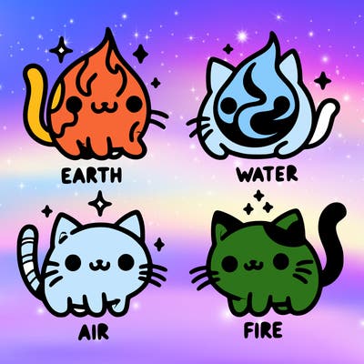 4 cats that represent the different elements, earth, water, air, and fire