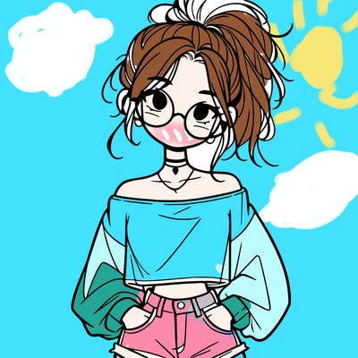 girl with a messy ponytail glasses a baggy crop top and jean shorts