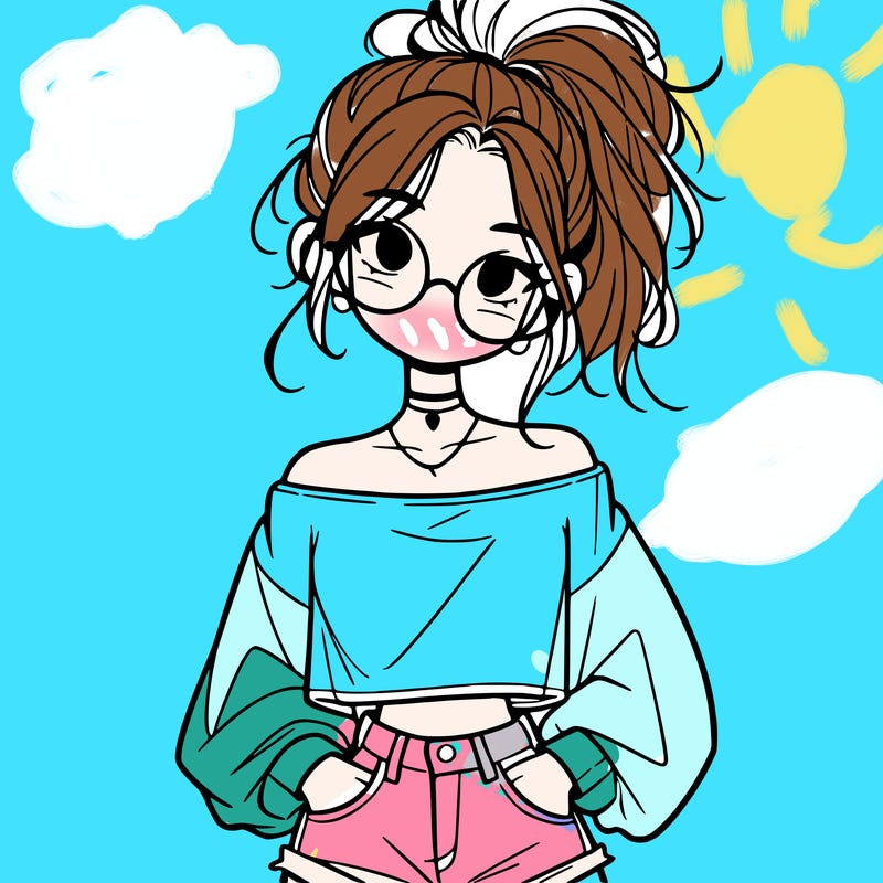 girl with a messy ponytail glasses a baggy crop top and jean shorts