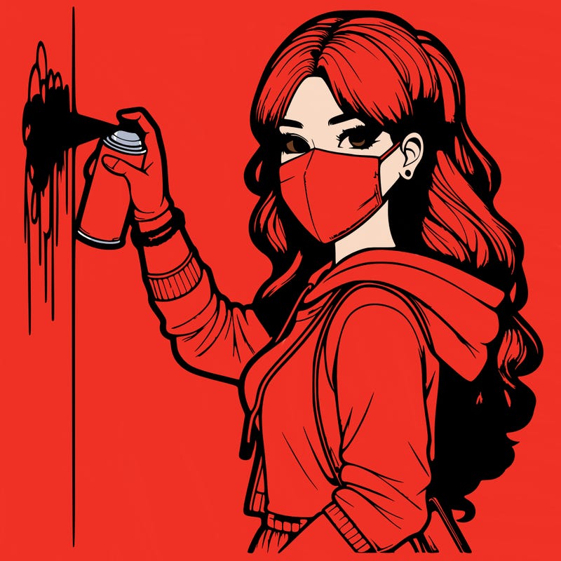 realistic girl with mask spray painting a wall