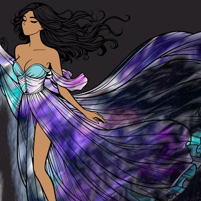 realistic woman in dress flowing the the wind