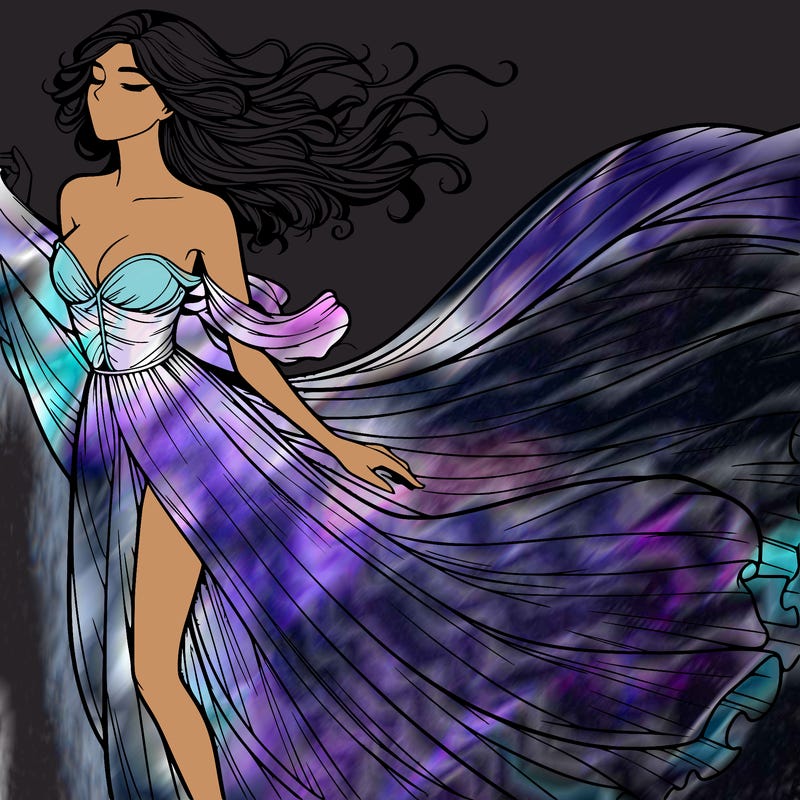 realistic woman in dress flowing the the wind