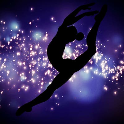 gymnast doing a leap in a leotard with a bent back leg