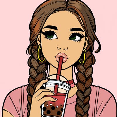 realistic girl with braided hair drinking boba