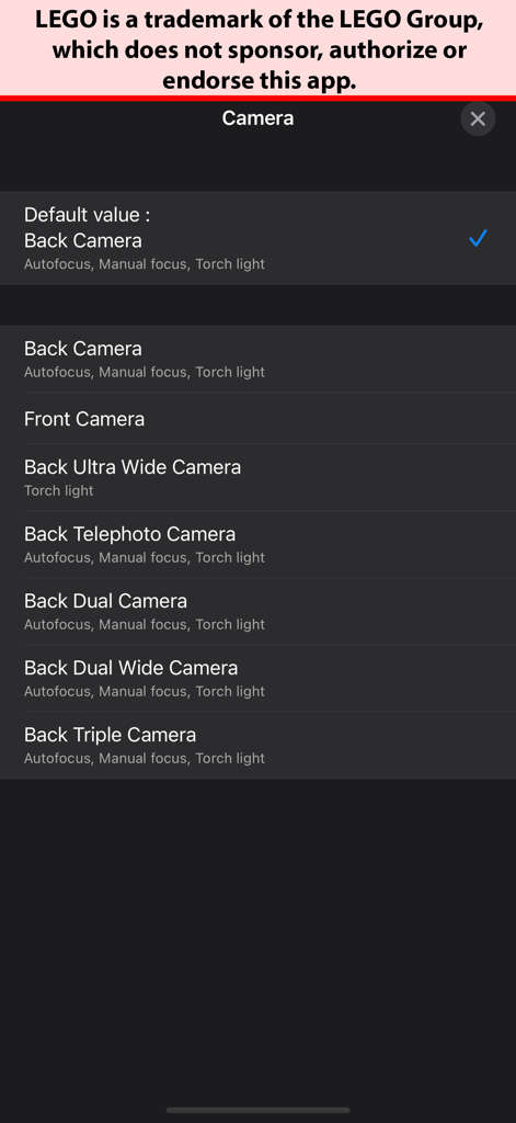 Minifig Scan - Camera selection menu in the Minifig Scan app showing options for back front ultra wide and telephoto lenses