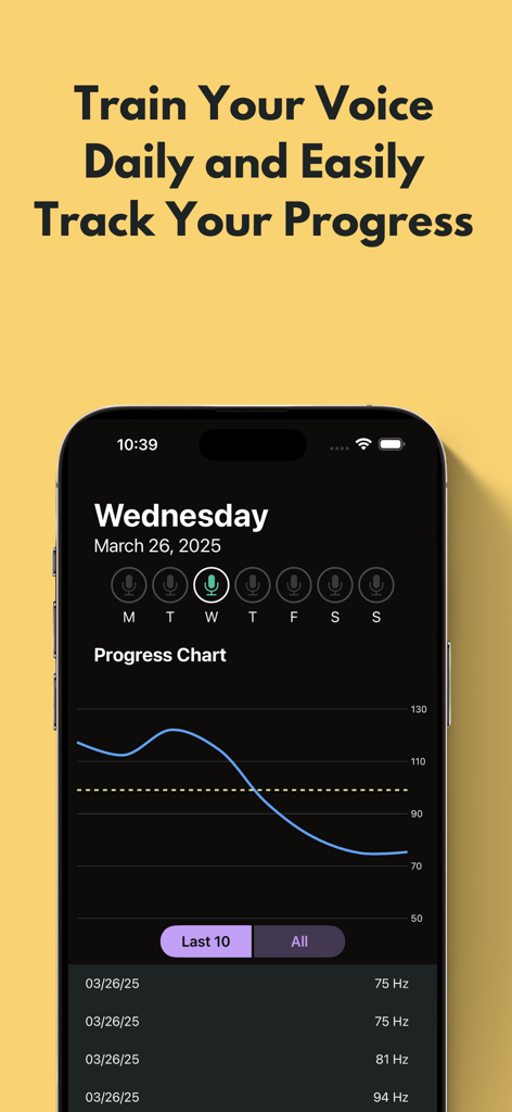 Deep Voice: Pitch Coach - A progress chart in the Deep Voice app showing a downward trend in vocal pitch frequency across multiple days