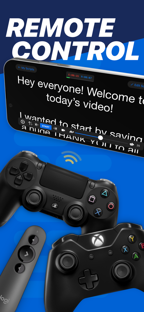 Teleprompter Pro - Teleprompter Pro app showing script on an iPhone with Xbox, PlayStation and presentation controllers for remote operation.