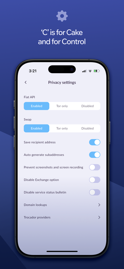Cake Wallet privacy settings screen on an iPhone showing options for Tor integration and advanced security controls