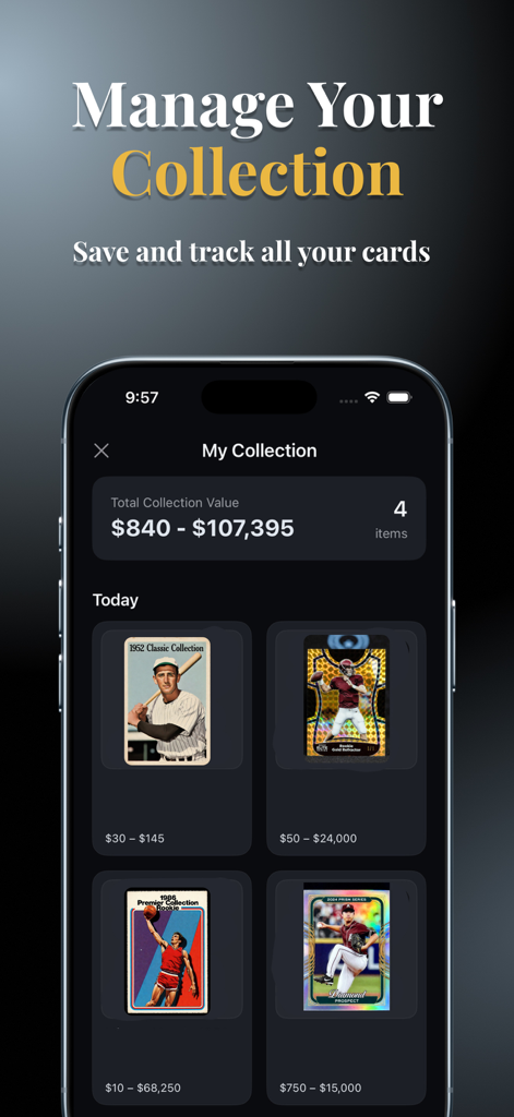 Cardex: Sports Card Scanner - Mobile app interface of Cardex showing a sports card collection with real-time market value tracking