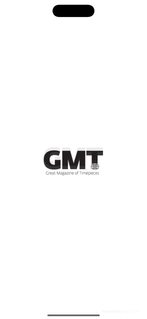 GMT German-English - Splash screen of the GMT Great Magazine of Timepieces app showing the central logo on a white background.