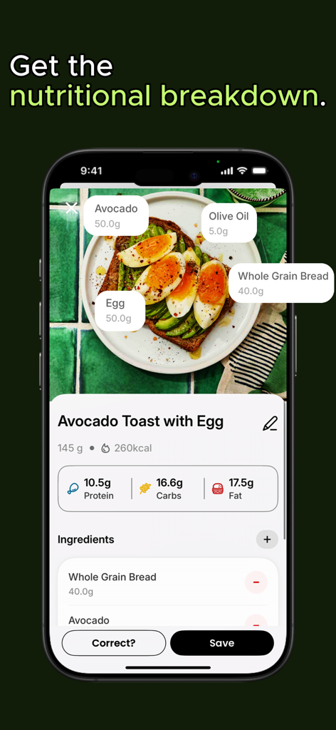 Healthy Guru - Nährwertaufschlüsselung von Avocado-Toast mit Ei in der Healthy Guru App, die Kalorien und Makronährstoffe anzeigt