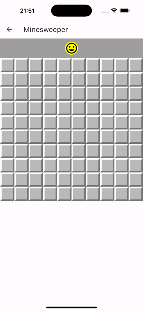 A classic Minesweeper puzzle game screen with a gray grid and a yellow smiley face icon