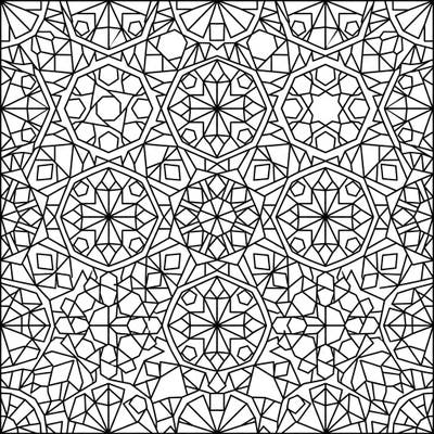 Explore the captivating beauty of repeating geometric shapes with this intricate polygonal patterns coloring page. Perfect for adults and teens seeking a relaxing yet challenging artistic endeavor.