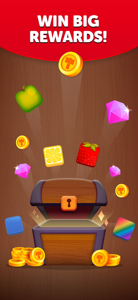A treasure chest opening with coins, gems, and fruit rewards in Word Scramble game