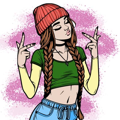 realistic teenage girl with braids and a beanie and crop top doing 🫶🏼