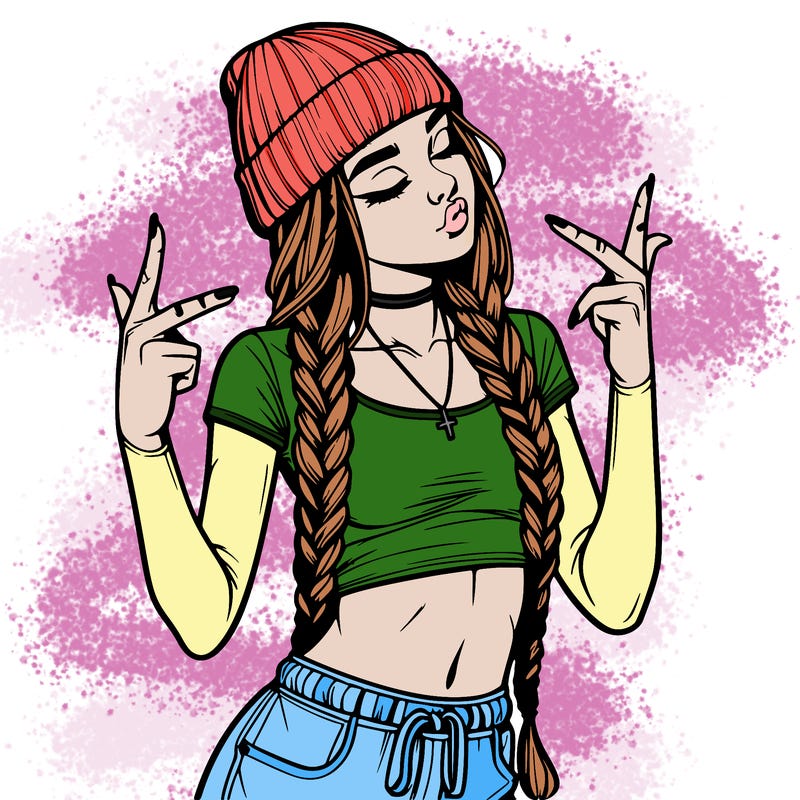 realistic teenage girl with braids and a beanie and crop top doing 🫶🏼