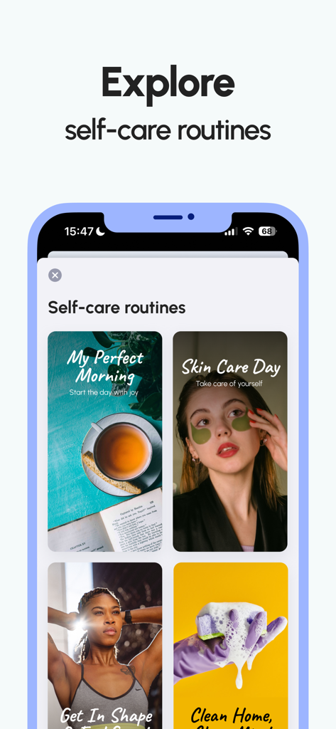 Interface do aplicativo Perfect Day mostrando uma seleção de rotinas de autocuidado como hábitos matinais e rituais de cuidados com a pele