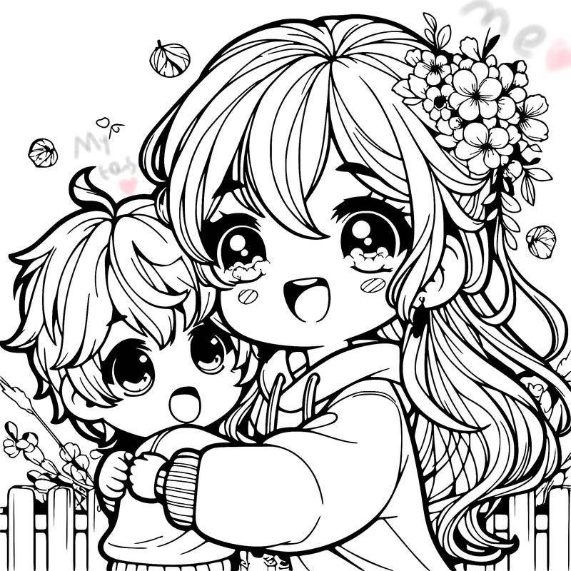 kid hugging a cute anime girl