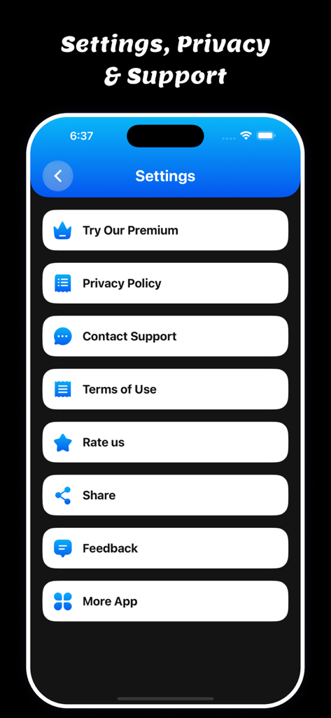 Speech To Text: Voice Notes - Interfaz de la aplicación Texto a Voz: Notas de Voz mostrando opciones de configuración y soporte.