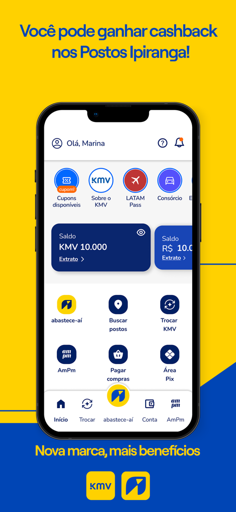 KMV: Ganhe Cashback em Postos - KMV app home screen displaying cashback balance, fuel reward points, and partner services like LATAM Pass and AmPm.