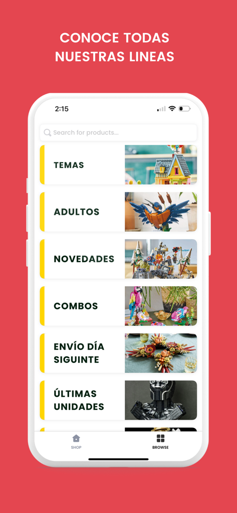 Tienda LEGO® Perú - Pantalla móvil de la app Tienda LEGO Perú mostrando categorías de productos como Temáticas, Adultos y Novedades.