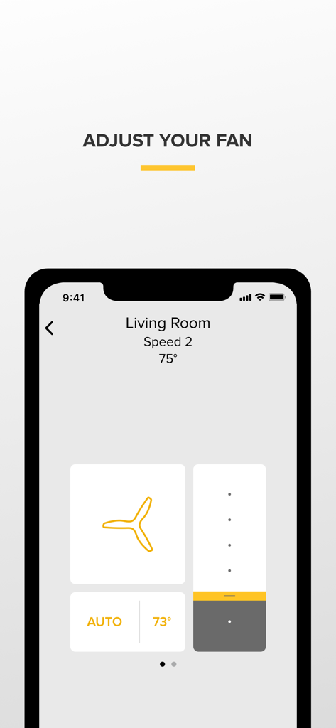 Big Ass Fans - Smartphone-Bildschirm mit der Big Ass Fans App-Oberfläche zur Anpassung der Lüftergeschwindigkeit und Temperatureinstellungen des Wohnzimmers