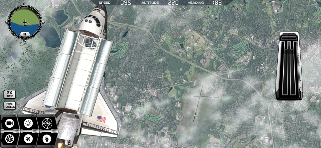 Draufsicht des Endeavour Space Shuttle, das über eine Landschaft in Flight Simulator FlyWings 2014 fliegt