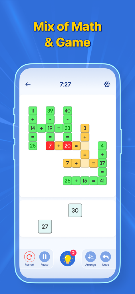 Cross Math: Brain Workout - Pantalla de jugabilidad de Cross Math Brain Workout mostrando acertijos de crucigramas aritméticos y fichas de números.