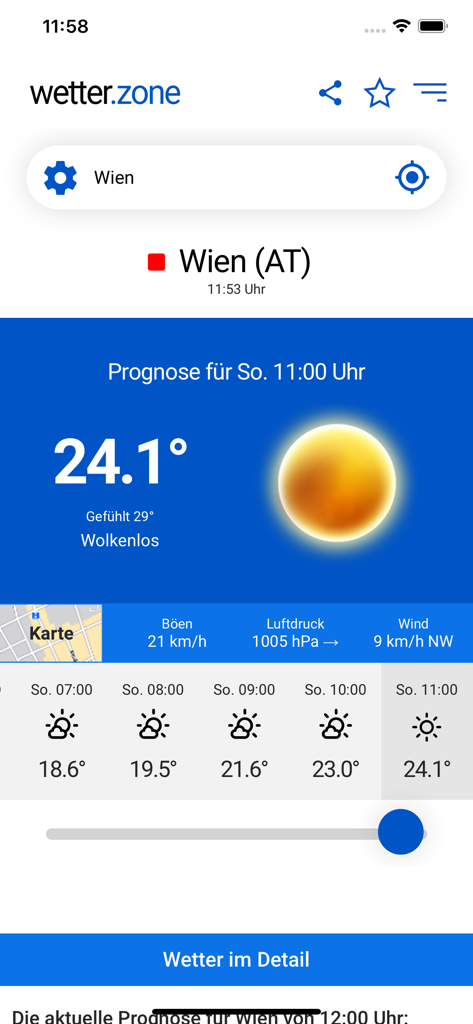 Weather forecast interface for Vienna in the wetter zone app showing current temperature and hourly data