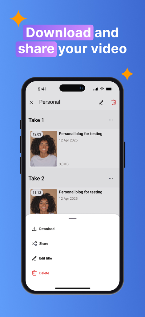 Teleprompter For Video - Pro - App interface showing options to download and share recorded video takes