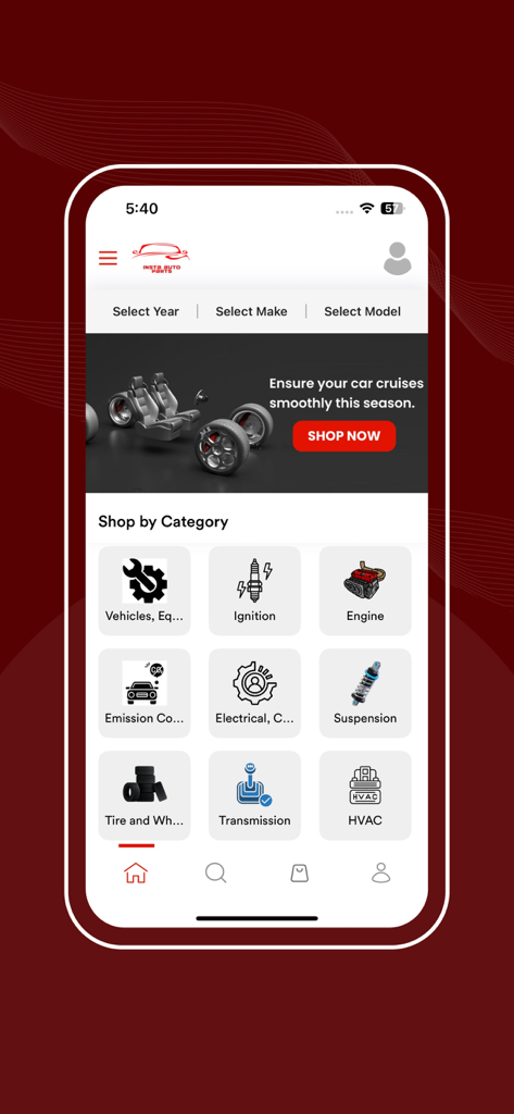 Insta Auto Parts - Insta Auto Parts app interface showing car part categories and vehicle selection options