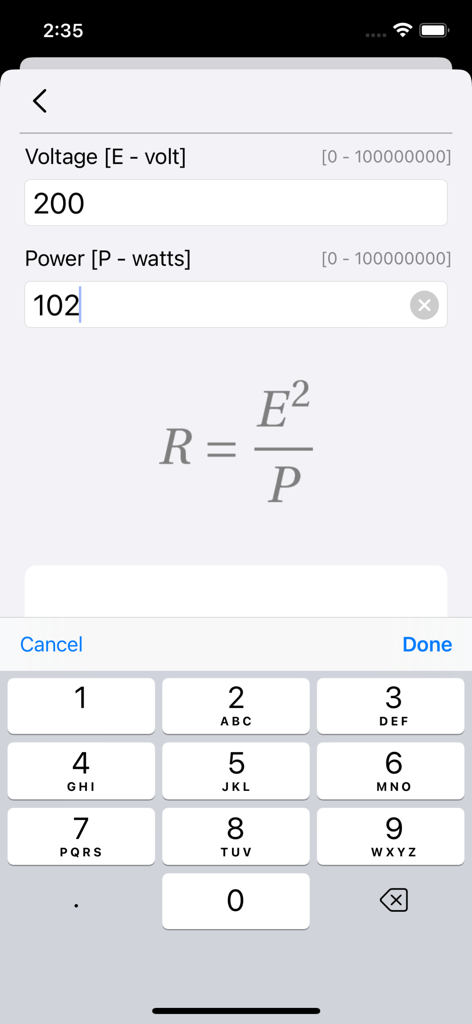 Ohm Law Calculator - Interfaz móvil de la Calculadora Ley de Ohm mostrando la fórmula de resistencia con campos de entrada de voltaje y potencia