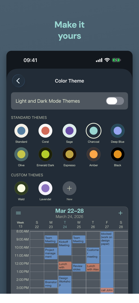 Appoint - Smart Calendar - Interfaz que muestra opciones de personalización de temas de color y una vista previa de la semana del calendario