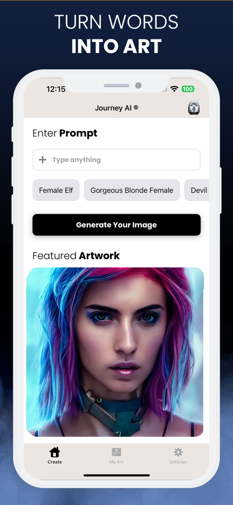 Journey AI ® - A mobile phone screen of Journey AI showing an input field for prompts and a generated digital painting of a woman with vibrant pink and blue hair.