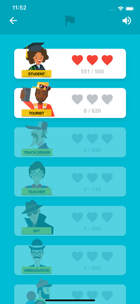 Progression screen in Flags of the World trivia app showing levels named Student Tourist and Teacher with progress hearts