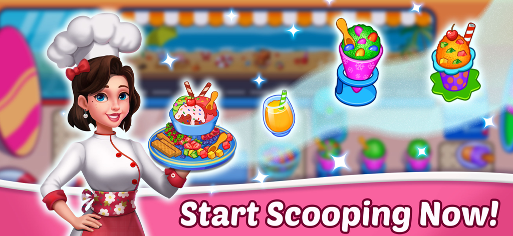 A female chef character holding a tray of colorful ice cream sundaes and desserts with the text Start Scooping Now.