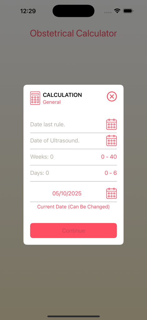 Obstetrical Calculator - Écran de saisie de l'application Calculatrice obstétricale pour les calculs d'âge gestationnel