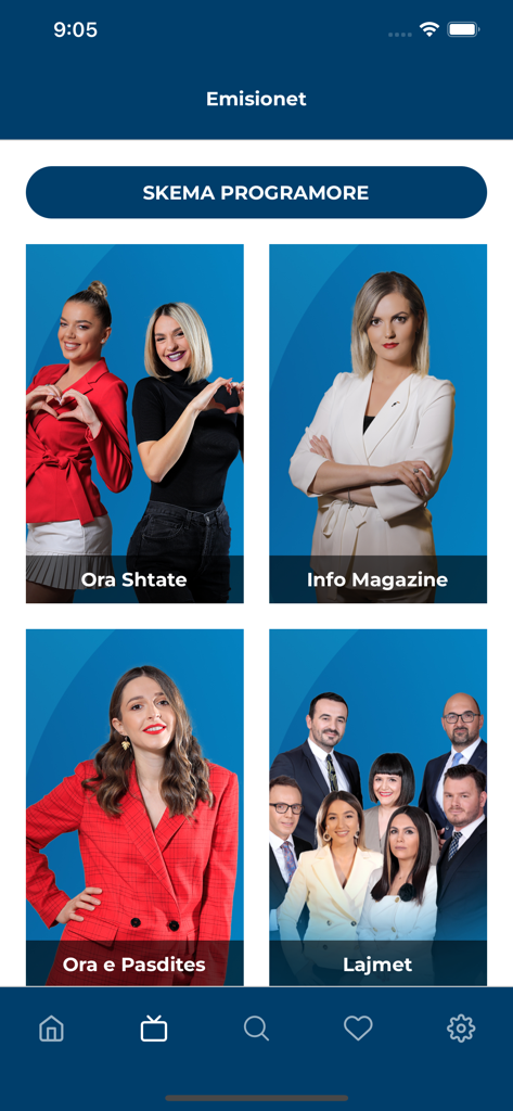 A menu of Klan Kosova TV programs including news and talk shows like Lajmet and Ora Shtate.