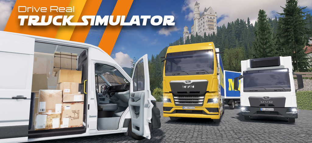 Une camionnette de livraison blanche avec des boîtes et un semi-remorque jaune garés devant un château